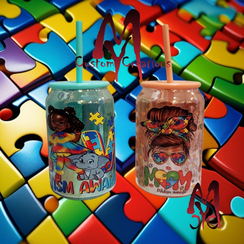 Autism Awareness Puzzle Theme Glass Custom Tumbler 16oz. With Lid & Straw Ea.